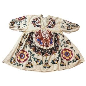 Zara Embroidered Romy Kaftan Tunic Linen Blend Dress Puff Sleeve Size Small